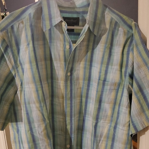 4/$20 Men's Blue and Green Striped Shirt - Picture 6 of 7